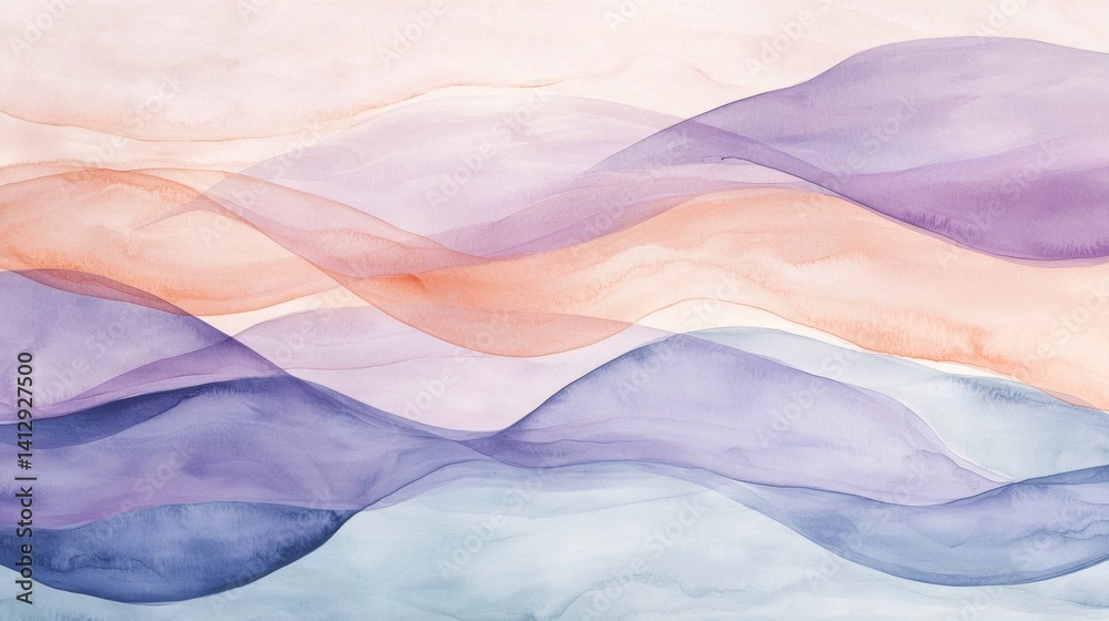 Obraz premium Watercolor artwork features soft waves in shades of pastel purple, pink, and blue, evoking tranquility and peace, perfect for enhancing any modern space