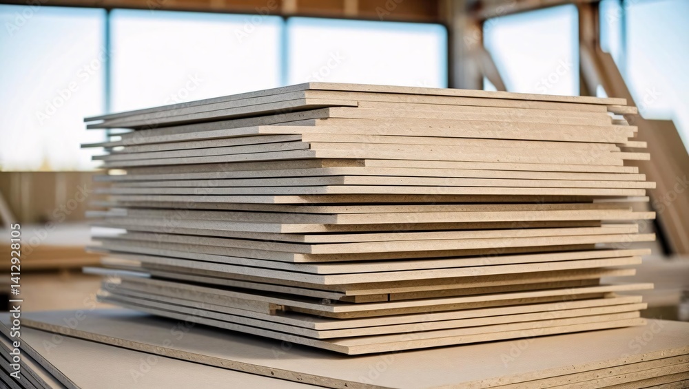 Fototapeta premium Neatly stacked wood panels in a workshop, showcasing the texture and quality of the material. Ready for construction or furniture making. Industrial setting.