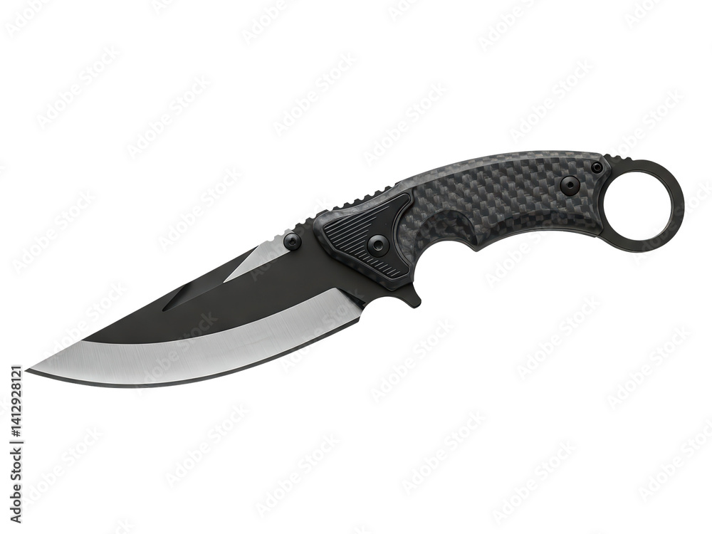 Studio photo of a high-tech karambit with carbon fiber handle, horizontal side view isolated on transparent background ,PNG.