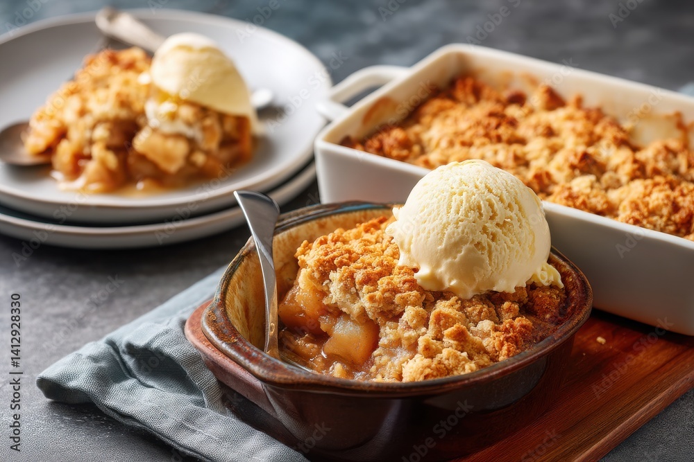 Warm Apple Crisp with Vanilla Ice Cream on Gray Background Warm Apple Crisp with Vanilla Ice Cream on Gray Background