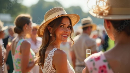 Smiling woman in elegant lace dress and straw hat enjoying outdoor summer horse race with friends in vintage fashion, festive atmosphere under sunny sky. 4k, motion