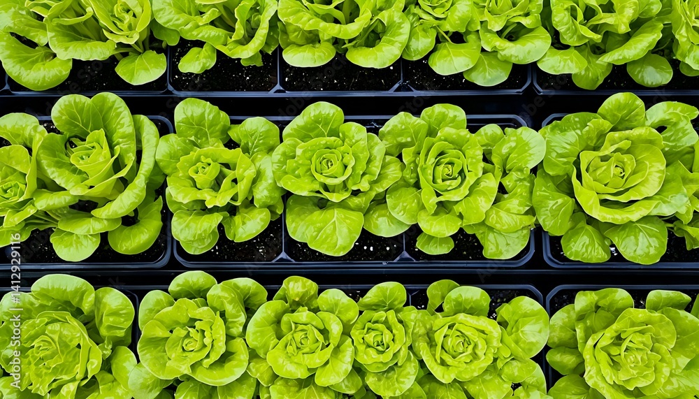 Obraz premium a symmetrical overhead view of rows of young, vibrant green romaine lettuce growing in a hydroponic system.