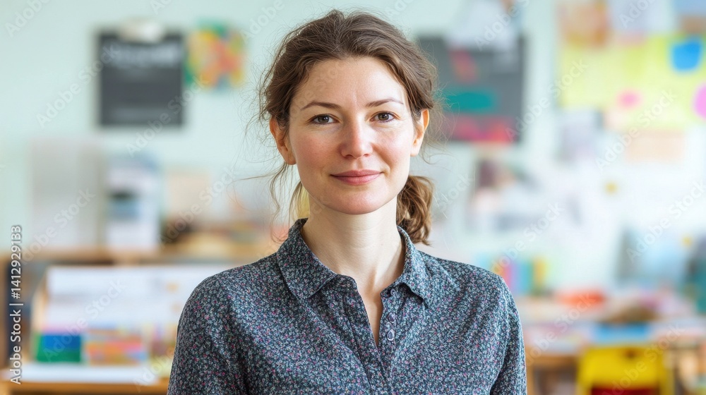 Fototapeta premium A portrait of a young European woman in a classroom setting. She exudes warmth and professionalism, making her an inspiring presence for students.