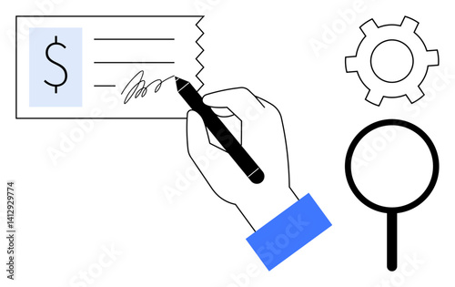 Hand signing a check with dollar icon, gear indicating process, and magnifying glass symbolizing inspection. Ideal for finance, business, analysis, transactions, processes, validation simple landing