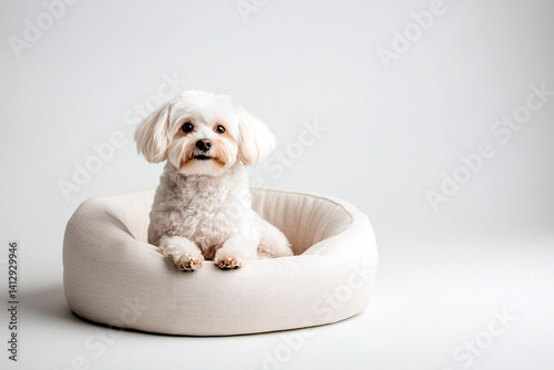 Cute white fluffy dog sitting in cozy round pet bed on white background