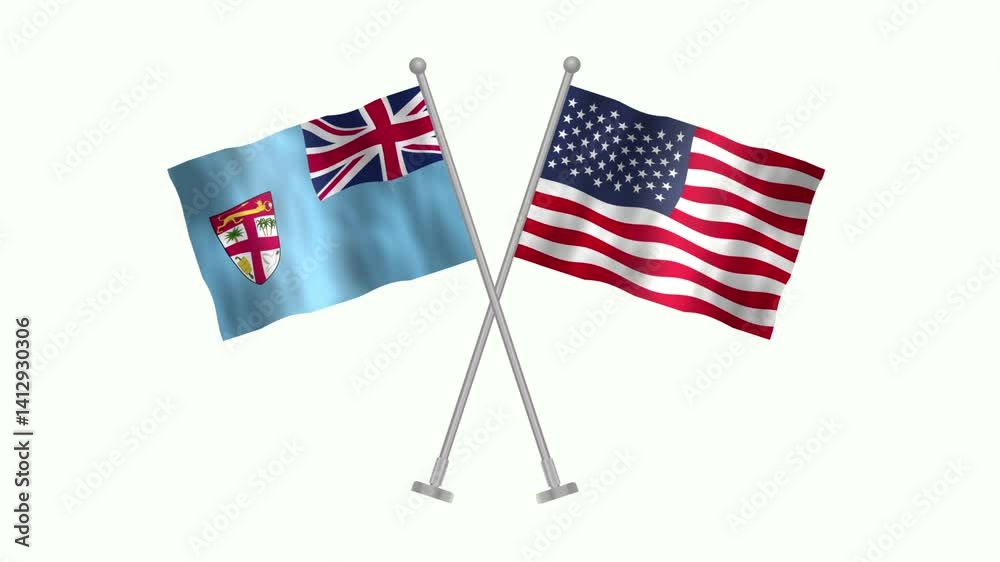 Flag of Fiji and USA, Cross table flag of Fiji and USA on white screen, Fiji and USA 3D Animation flag waving in the wind isolated on white Background. 
