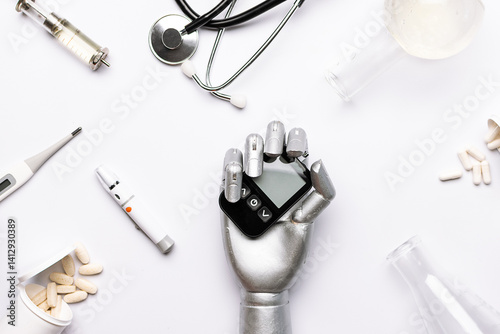 Silver metallic robot hand with glucose monitor on white backgroond with medical equipment and pills top view. AI and smart technologies in medicine, researches and diagnostic of diabetes.