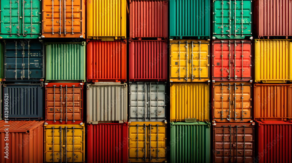 Fototapeta premium A vibrant array of stacked shipping containers in various colors creating a striking industrial backdrop.