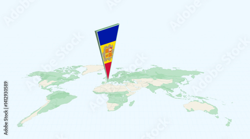 Highlighted Andorra on Global Map with 3D Flag Location Pin of Andorra.