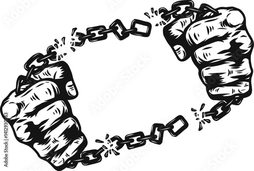 A pair of hands chained to a chain and a text words freedom. silhouette vector illustration.