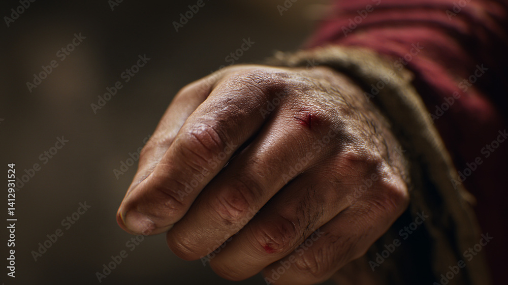 Fototapeta premium Jesus Christ raises his hand with the marks of the crucifixion. The sufferings of Christ.