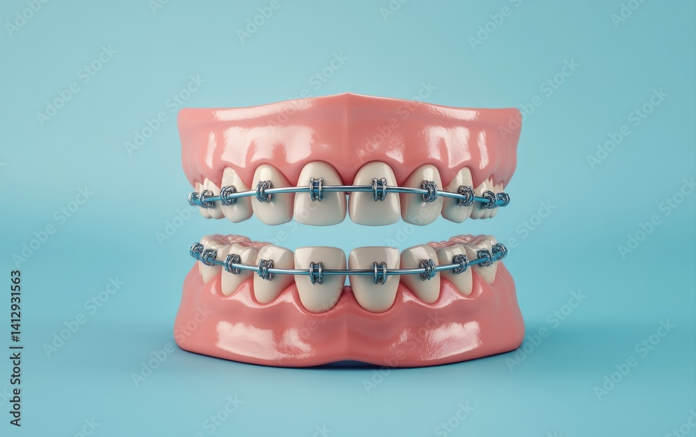 3d dental braces with metal brackets on blue background 3d dental braces with metal brackets on blue background