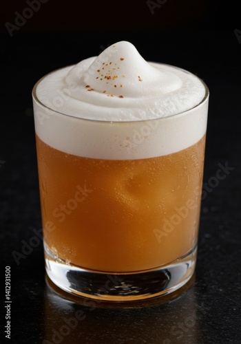 A Whiskey Sour in a tumbler with frothy egg white and angostura bitters design.