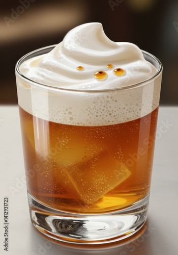 A Whiskey Sour in a tumbler with frothy egg white and angostura bitters design.