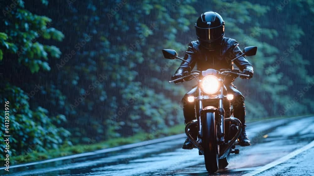 Motorcyclist in full protective gear riding through wet, curving forest road during rainy conditions, with motorcycle headlights illuminating the dark, green surroundings. Motorcyclist in full protective gear riding through wet, curving forest road during rainy conditions, with motorcycle headlights illuminating the dark, green surroundings.