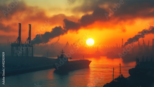 Industrial port at dawn with cranes and containers illuminated by the soft morning light