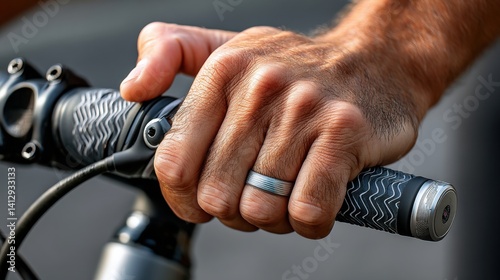 Closeup hand gripping bicycle handlebar