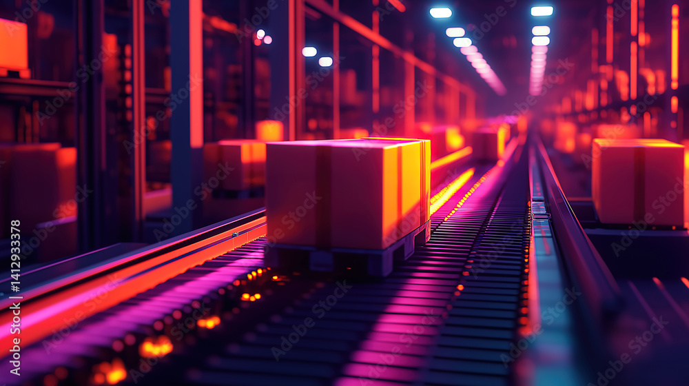 Parcels moving on a conveyor belt in a warehouse for efficient sorting and distribution