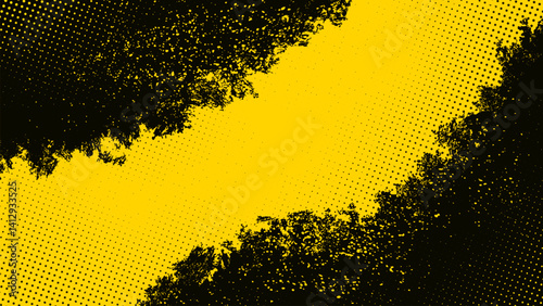 Yellow grunge background with black stains curved pattern with halftone dots.