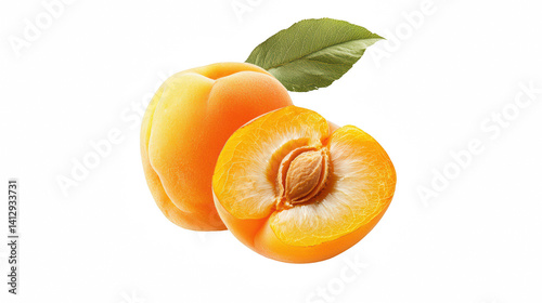 an apricot with a leaf on a transparent background, PNG image, PNG file, Generative art.
