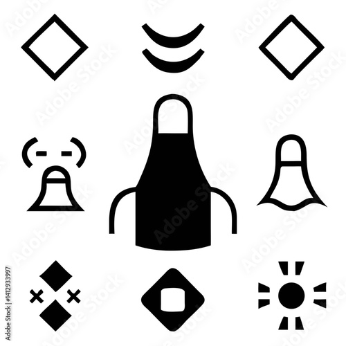 A bold black apron icon representing cooking, baking, or crafting, surrounded by simple geometric and wavy line symbols in a minimalist design.