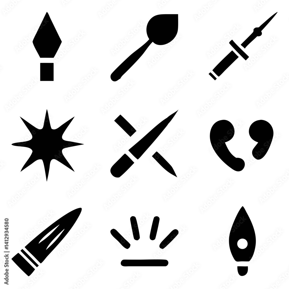 A bold collection of sharp, symbolic icons representing power, conflict, and ideas in a stark black silhouette style against a clean white background. A bold collection of sharp, symbolic icons representing power, conflict, and ideas in a stark black silhouette style against a clean white background.