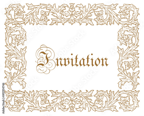 Decorative hand drawn invitation card, golden frame floral frame in vintage style, lettering, vector illustration isolated on white background