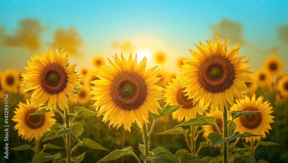 Obraz premium Vibrant sunflowers in a field each turned towards the sun showcasing intricate patterns of petals and seeds against a bright blue sky