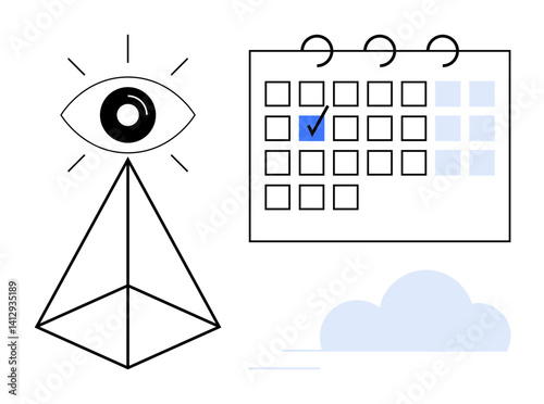 Geometric eye above pyramid, calendar with blue checkmark, and cloud element. Ideal for vision, planning, deadlines, organization, insights scheduling goals. Clean flat simple metaphor