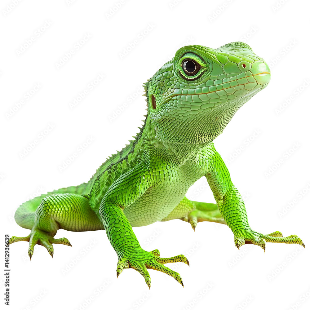 Obraz premium Green basilisk lizard isolated on white background Chinese water dragon Physignathus cocincinus beautiful color skin animal reptile wild nature wildlife scaly skin amphibian green basilisk double