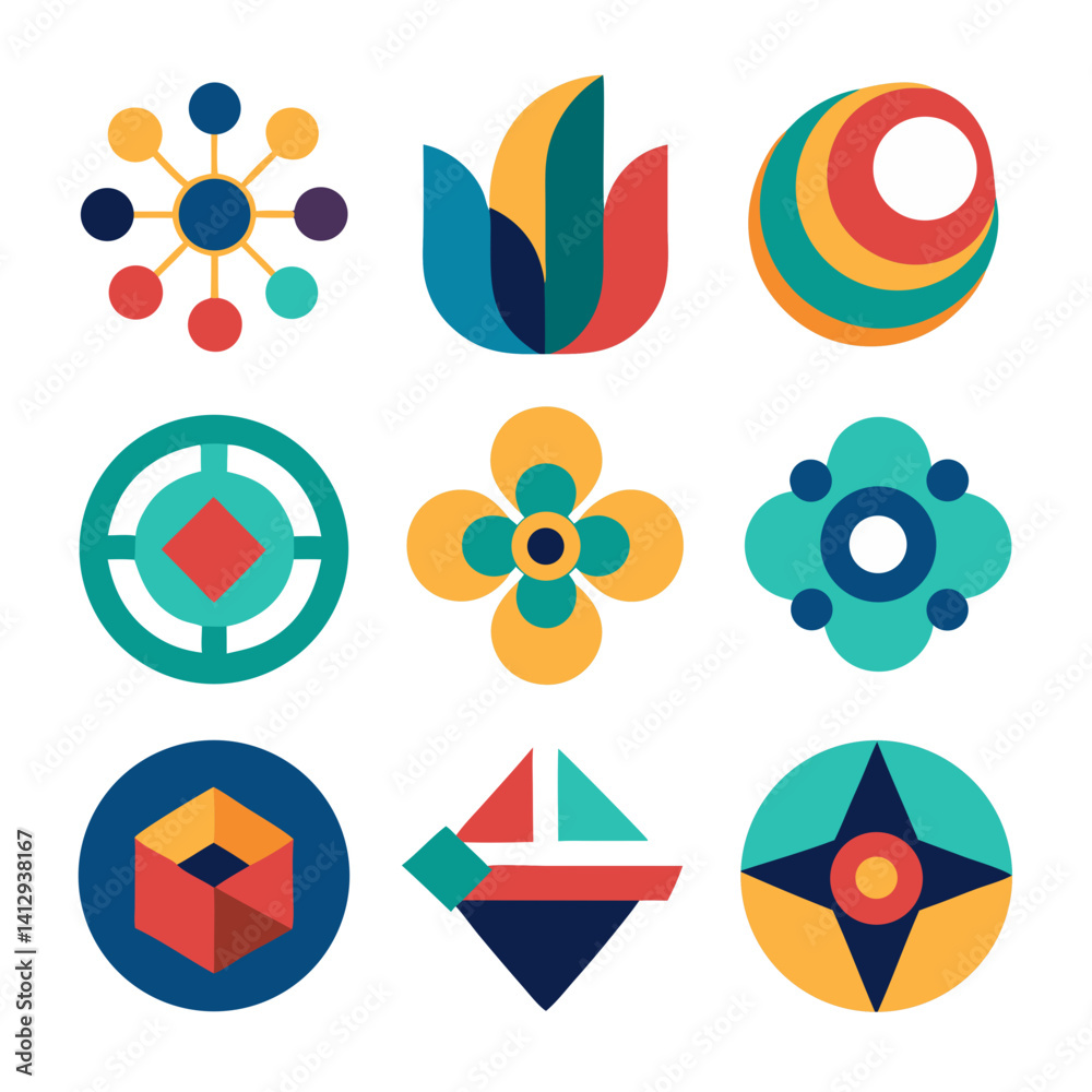 A vibrant collection of bold geometric floral and abstract designs featuring playful color palettes and simple shapes in a mid-century modern style. A vibrant collection of bold geometric floral and abstract designs featuring playful color palettes and simple shapes in a mid-century modern style.