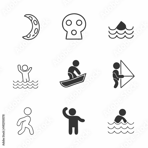 A playful collection of minimalist pictograms depicting diverse summer water activities, including swimming, windsurfing, and boating, with a moon and skull adding a touch of whimsy.