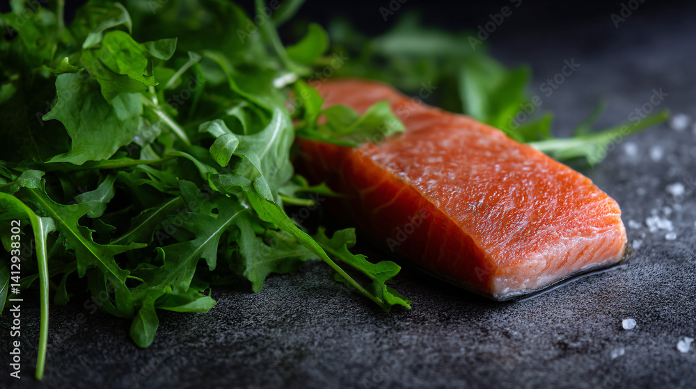 Fresh salmon fillet paired with vibrant arugula, showcasing a healthy and colorful culinary option on a dark background. Fresh salmon fillet paired with vibrant arugula, showcasing a healthy and colorful culinary option on a dark background.