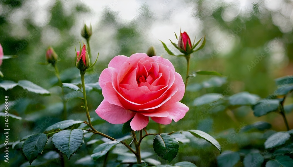 a fully bloomed pink rose is surrounded by budding flowers and lush green foliage in a softly blurred garden setting. a fully bloomed pink rose is surrounded by budding flowers and lush green foliage in a softly blurred garden setting.
