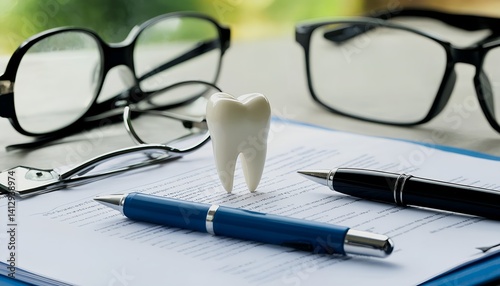 a miniature tooth model rests on a document alongside eyeglasses and pens, suggesting a dental insurance claim or healthcare assessment.