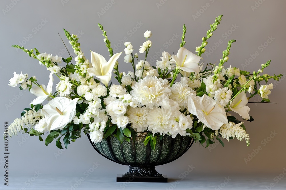 All white floral arrangement with lilies and dahlias in a dark decorative vase on gray background All white floral arrangement with lilies and dahlias in a dark decorative vase on gray background