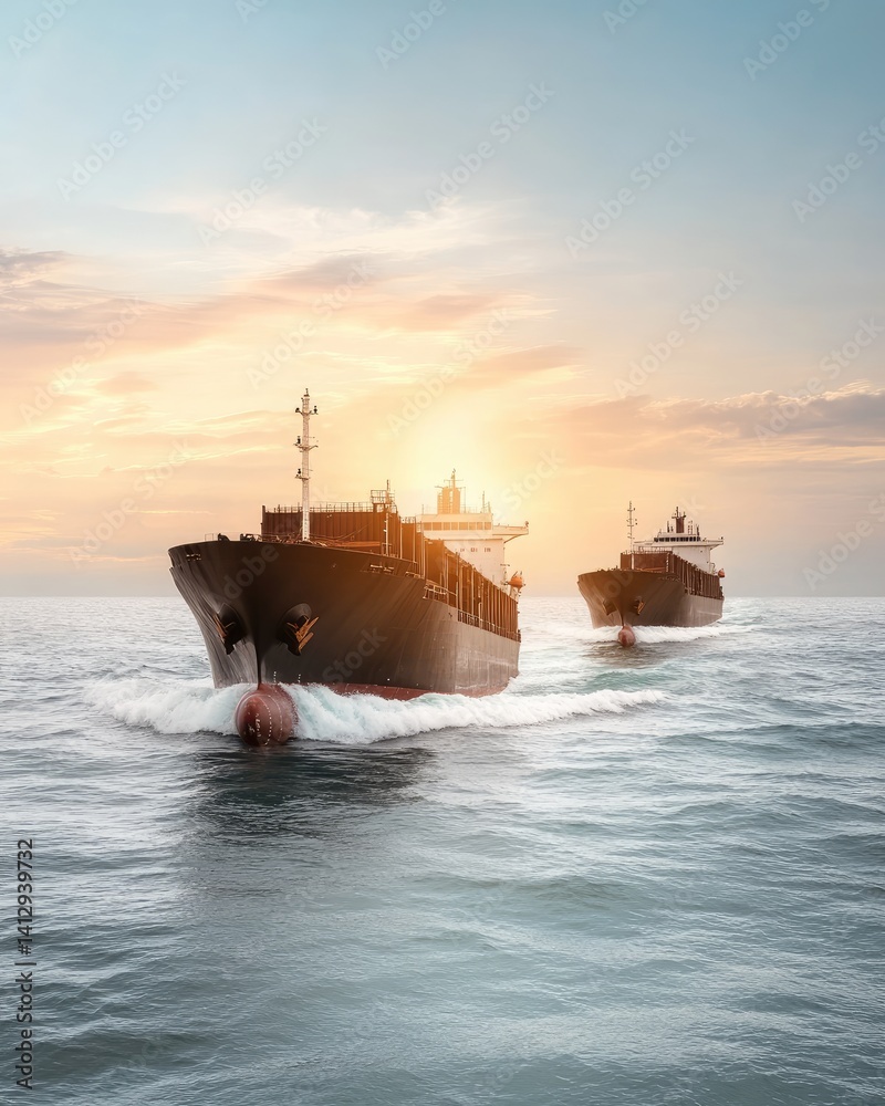 Fototapeta premium Container ships sailing through calm waters at sunset with vibrant sky and reflections, showcasing maritime trade and transportation