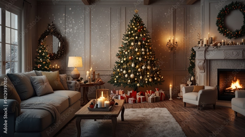 Obraz premium Cozy Christmas living room with fireplace, gifts, and tree