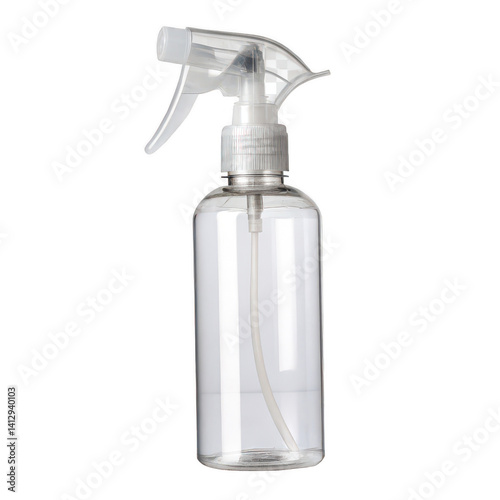 Transparent Plastic Spray Bottle Mockup Side View, Empty Container for Cleaning, Gardening, or Cosmetic Products