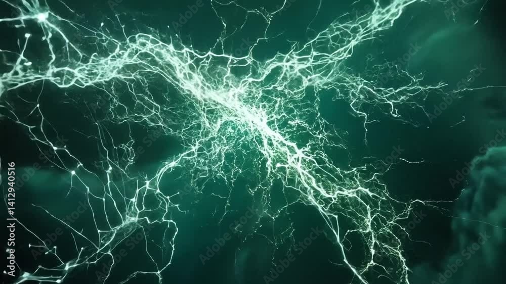Celestial Lightning Storm: A mesmerizing cosmic spectacle of teal and white energy bursts across a dark nebula, resembling a neuronal network or ethereal lightning.