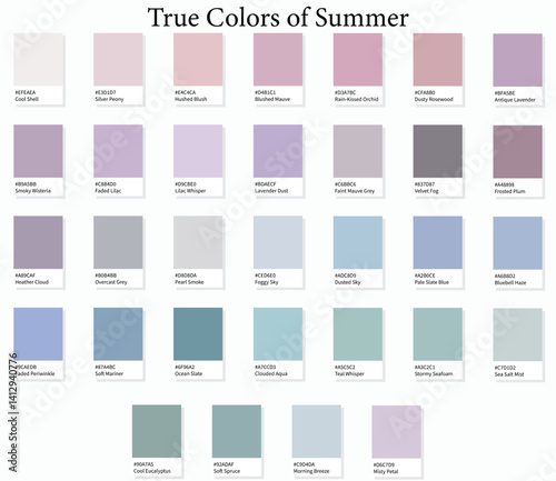 Colour Swatches 32 True Colors of Summer - 3d Light Soft, Muted, Pastel Tones - with HEX Codes and Names, Color Palette, Scheme, Chart and Combinations