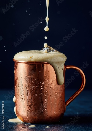 A Dark 'n' Stormy in a copper mug with black rum and ginger beer foam.