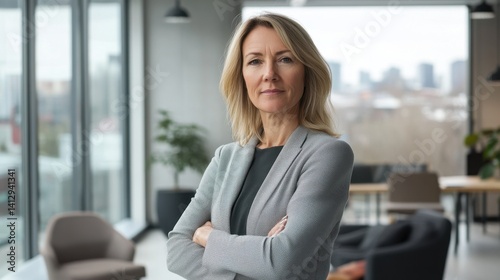 A confident middle-aged European woman stands with arms crossed in a modern office space, showcasing professionalism and determination. The setting reflects contemporary design. Free Download A confident middle-aged European woman stands with arms crossed in a modern office space, showcasing professionalism and determination. The setting reflects contemporary design. - GFXLoad