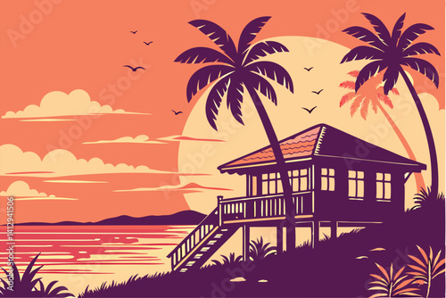 32 Tropical sunset, beach bar silhouette, palm trees, ocean view, vibrant orange and purple sky, full sun on horizon, reflective water, thatched roof huts, balcony railing, vector art style, minimalis