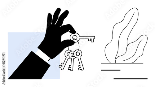 Black hand silhouette holding a keyring with multiple keys, paired with minimalist plant sketches. Ideal for security, property management, unlocking potential, business solutions, real estate