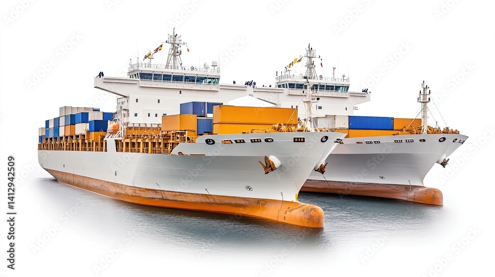 Naklejka premium Two Large Cargo Ships with Colorful Containers Docked in Calm Waters Under Bright Sky