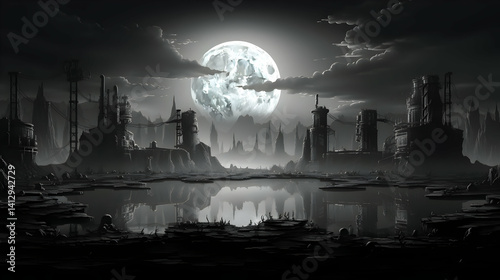 Pixel Art Lunar Reflection Cityscape Under a Cloudy Night Sky Grayscale Monochrome with Atmospheric Urban Elements and Lake Reflection
