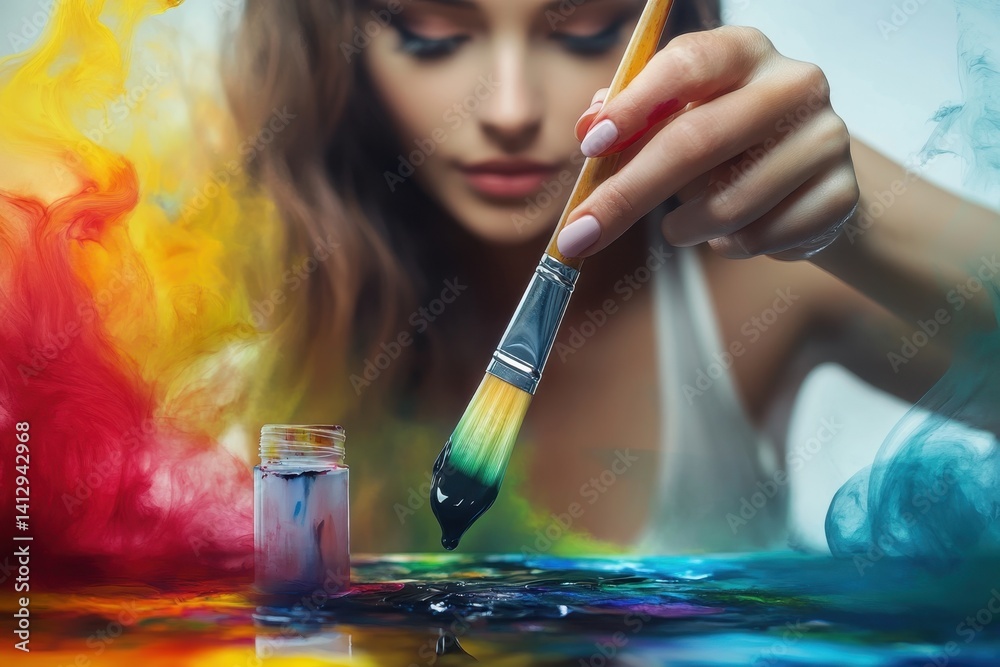 Artist creating vibrant abstract art with brush and colorful paint in a creative studio