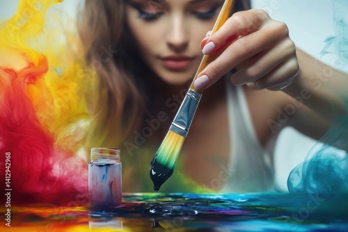 Obraz na płótnie Artist creating vibrant abstract art with brush and colorful paint in a creative studio w salonie