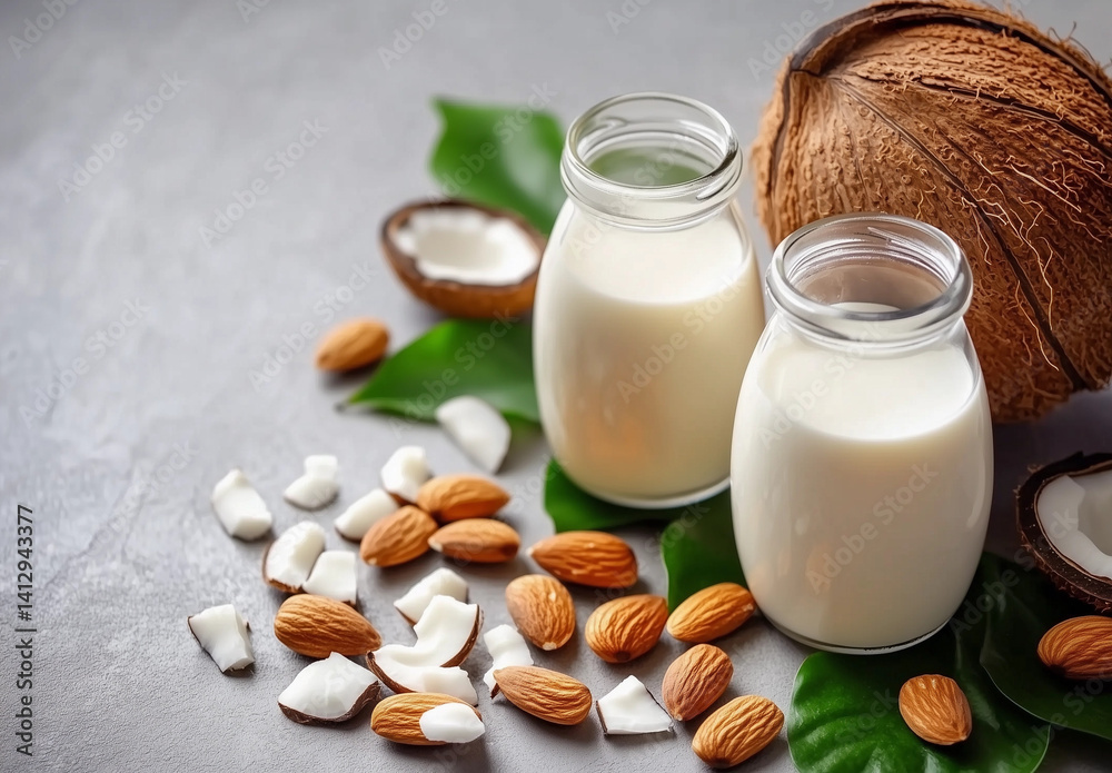 Glass bottles with plant based milk made from coconut and almonds. Vegan choice Glass bottles with plant based milk made from coconut and almonds. Vegan choice